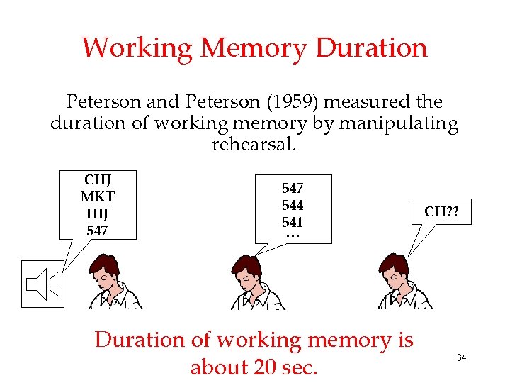 Working Memory Duration Peterson and Peterson (1959) measured the duration of working memory by