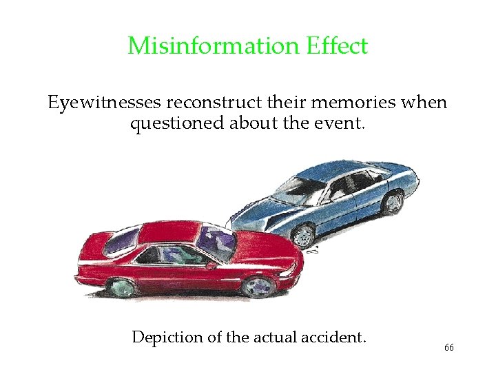 Misinformation Effect Eyewitnesses reconstruct their memories when questioned about the event. Depiction of the