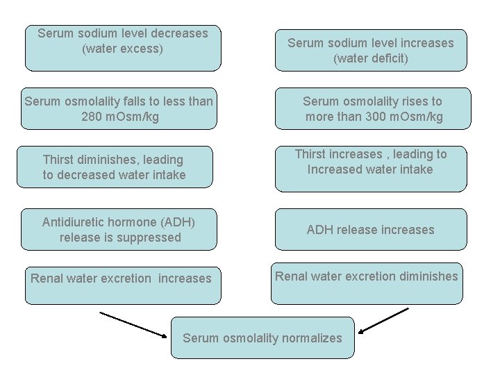 Serum sodium level decreases (water excess) Serum osmolality falls to less than 280 m.