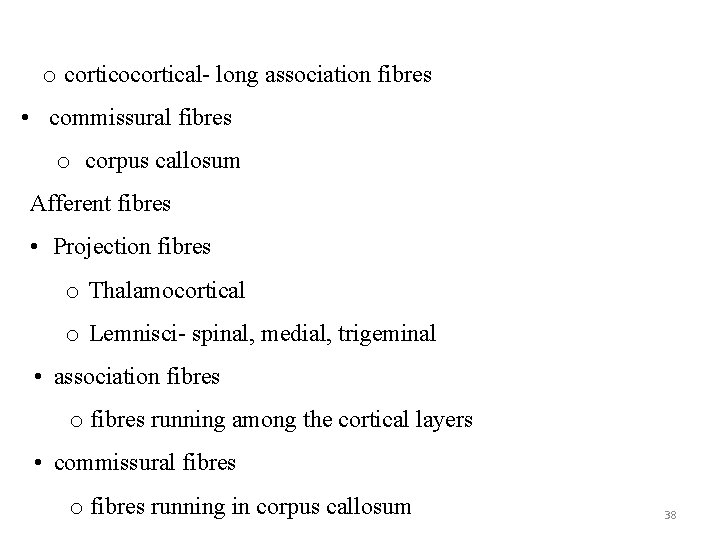 o corticocortical- long association fibres • commissural fibres o corpus callosum Afferent fibres •