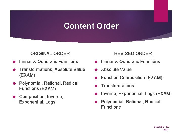 Content Order ORIGINAL ORDER REVISED ORDER Linear & Quadratic Functions Transformations, Absolute Value (EXAM)