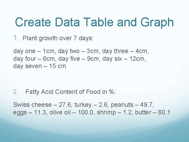 Create Data Table and Graph 1. Plant growth over 7 days: day one –