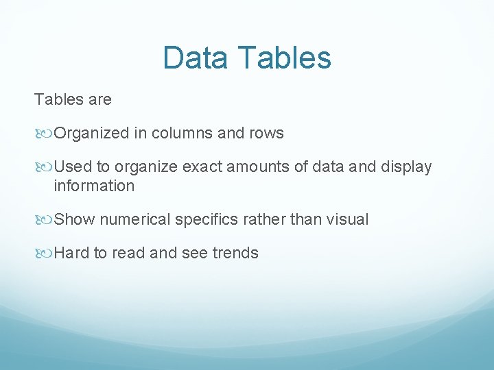 Data Tables are Organized in columns and rows Used to organize exact amounts of