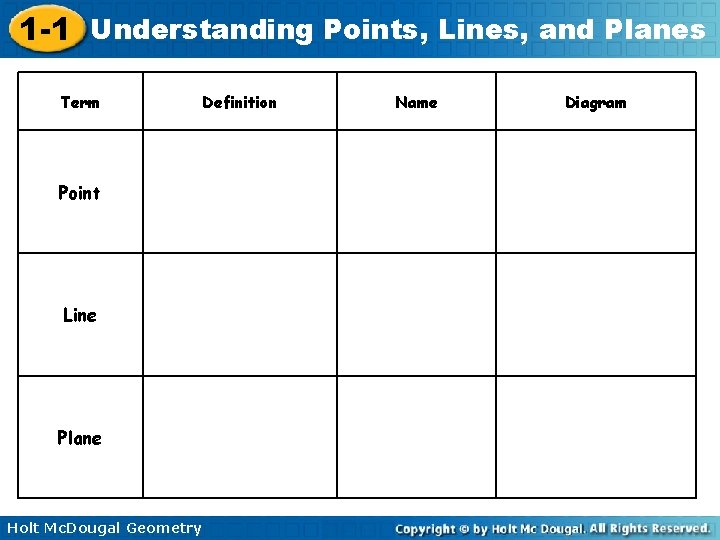 1 -1 Understanding Points, Lines, and Planes Term Definition Point Line Plane Holt Mc.