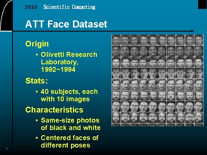 2010 Scientific Computing ATT Face Dataset Origin • Olivetti Research Laboratory, 1992~1994 Stats: •