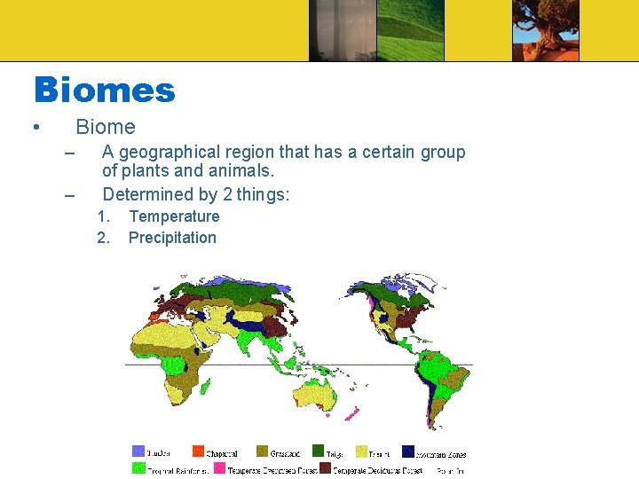 Biomes • Biome – – A geographical region that has a certain group of