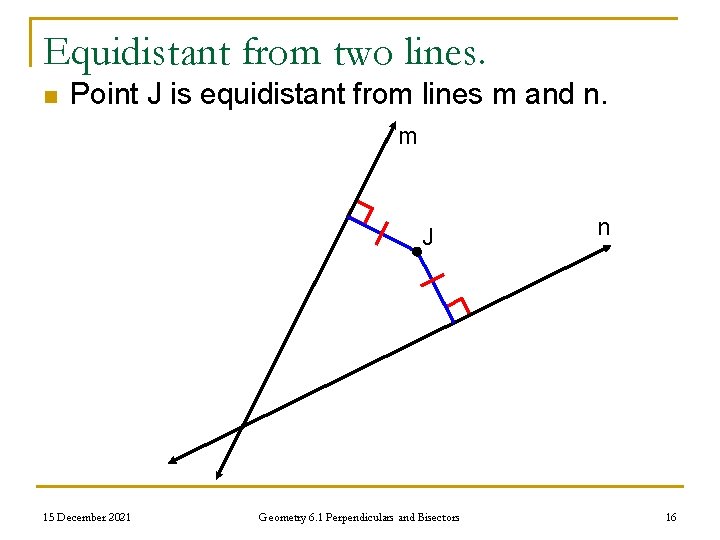 Equidistant from two lines. n Point J is equidistant from lines m and n.