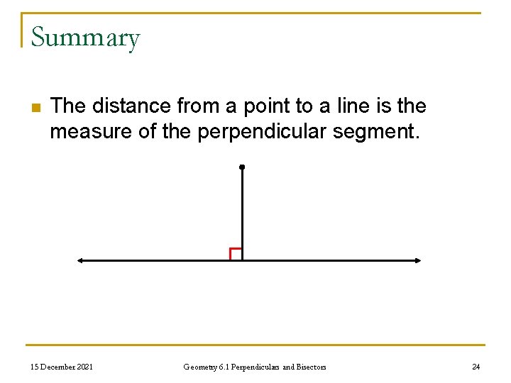 Summary n The distance from a point to a line is the measure of