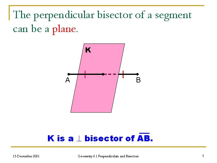 The perpendicular bisector of a segment can be a plane. K A B K
