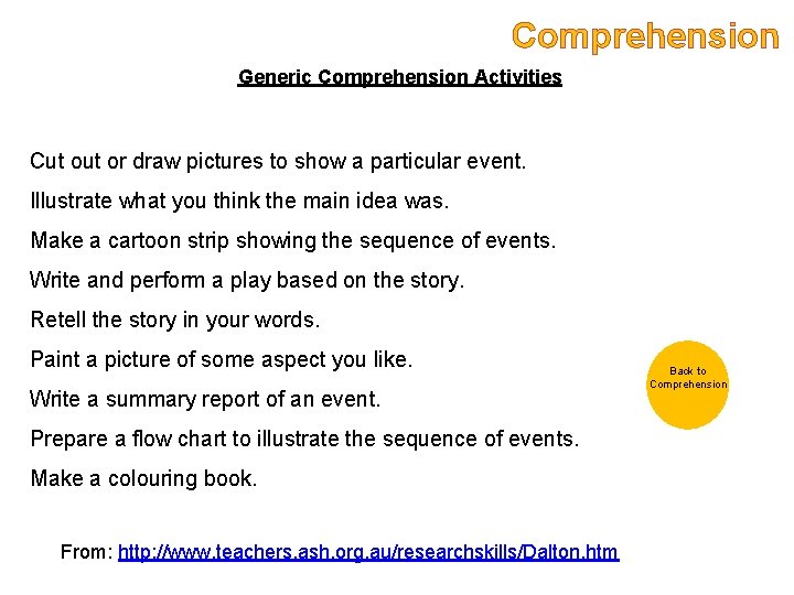 Comprehension Generic Comprehension Activities Cut or draw pictures to show a particular event. Illustrate