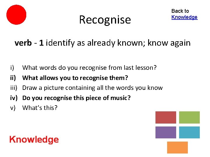 Recognise Back to Knowledge verb - 1 identify as already known; know again i)