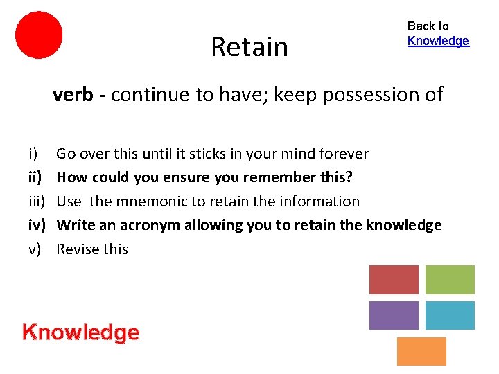 Retain Back to Knowledge verb - continue to have; keep possession of i) iii)