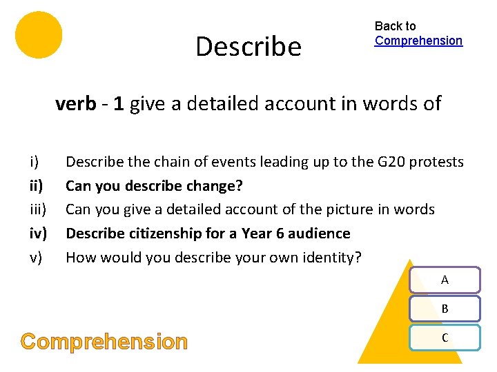 Describe Back to Comprehension verb - 1 give a detailed account in words of