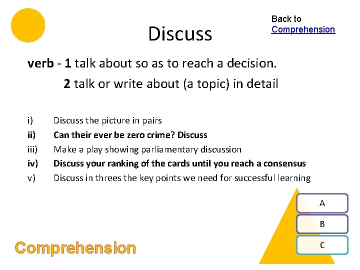 Discuss Back to Comprehension verb - 1 talk about so as to reach a