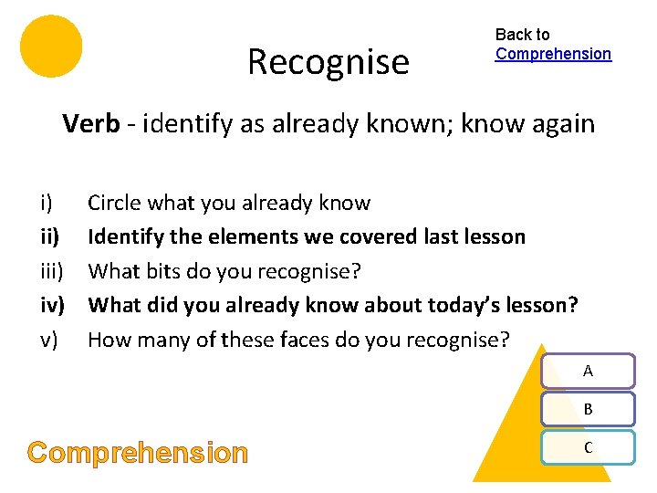 Recognise Back to Comprehension Verb - identify as already known; know again i) iii)