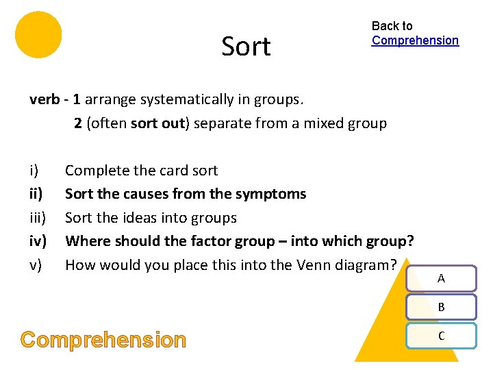 Sort Back to Comprehension verb - 1 arrange systematically in groups. 2 (often sort