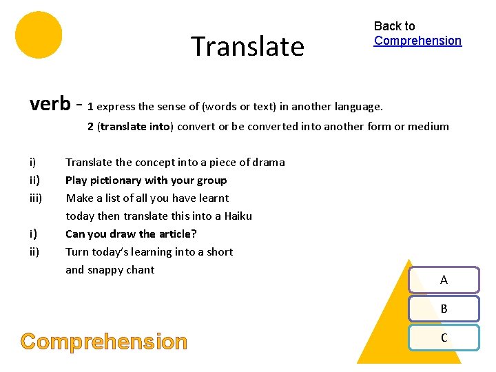 Translate Back to Comprehension verb - 1 express the sense of (words or text)