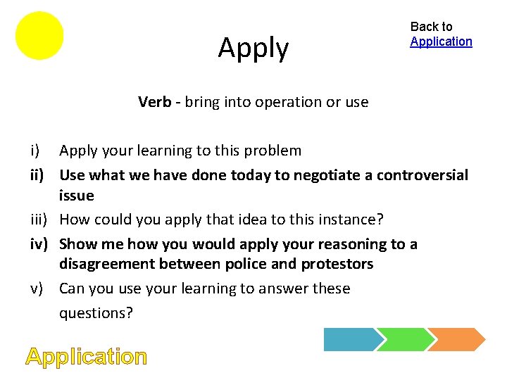 Apply Back to Application Verb - bring into operation or use i) Apply your