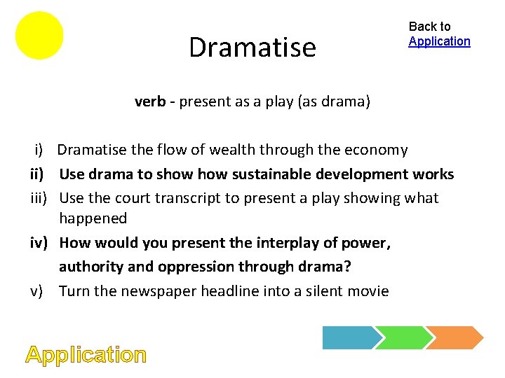 Dramatise Back to Application verb - present as a play (as drama) i) Dramatise