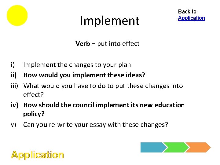 Implement Back to Application Verb – put into effect i) Implement the changes to