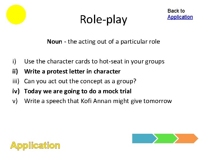 Role-play Back to Application Noun - the acting out of a particular role i)