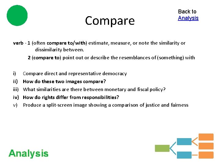 Compare Back to Analysis verb - 1 (often compare to/with) estimate, measure, or note