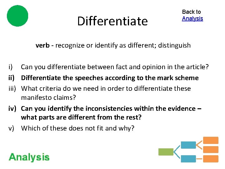 Differentiate Back to Analysis verb - recognize or identify as different; distinguish i) Can