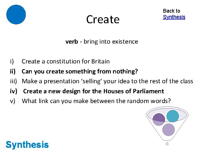 Create Back to Synthesis verb - bring into existence i) iii) iv) v) Create