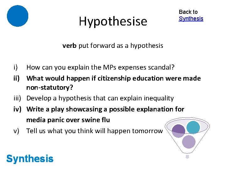 Hypothesise Back to Synthesis verb put forward as a hypothesis i) How can you