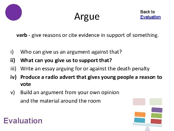 Argue Back to Evaluation verb - give reasons or cite evidence in support of