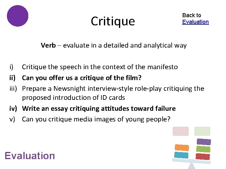 Critique Back to Evaluation Verb – evaluate in a detailed analytical way i) Critique