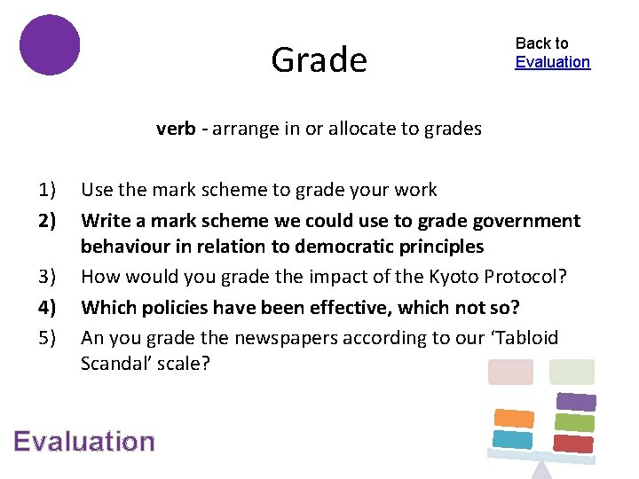 Grade Back to Evaluation verb - arrange in or allocate to grades 1) 2)