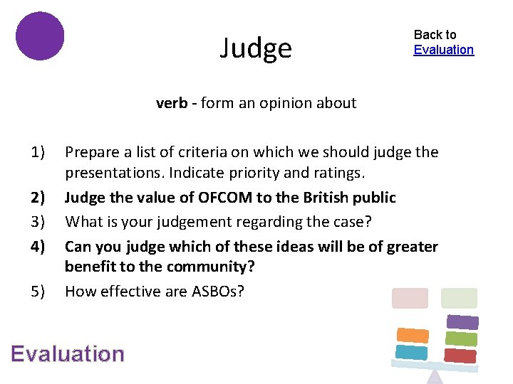 Judge Back to Evaluation verb - form an opinion about 1) 2) 3) 4)
