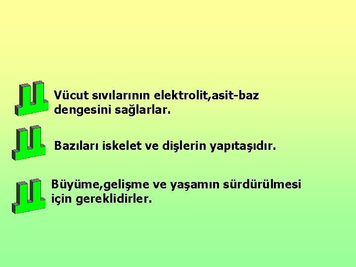 Vücut sıvılarının elektrolit, asit-baz dengesini sağlarlar. Bazıları iskelet ve dişlerin yapıtaşıdır. Büyüme, gelişme ve