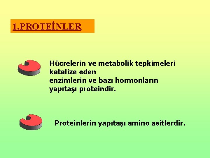 1. PROTEİNLER Hücrelerin ve metabolik tepkimeleri katalize eden enzimlerin ve bazı hormonların yapıtaşı proteindir.