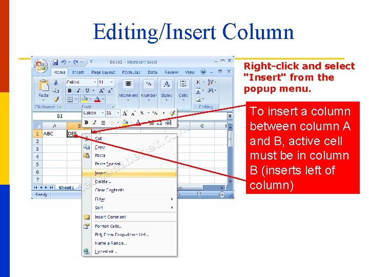 Editing/Insert Column Right-click and select "Insert" from the popup menu. To insert a column