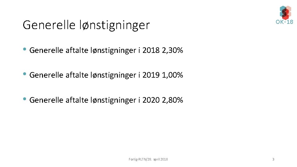 Generelle lønstigninger OK-18 • Generelle aftalte lønstigninger i 2018 2, 30% • Generelle aftalte