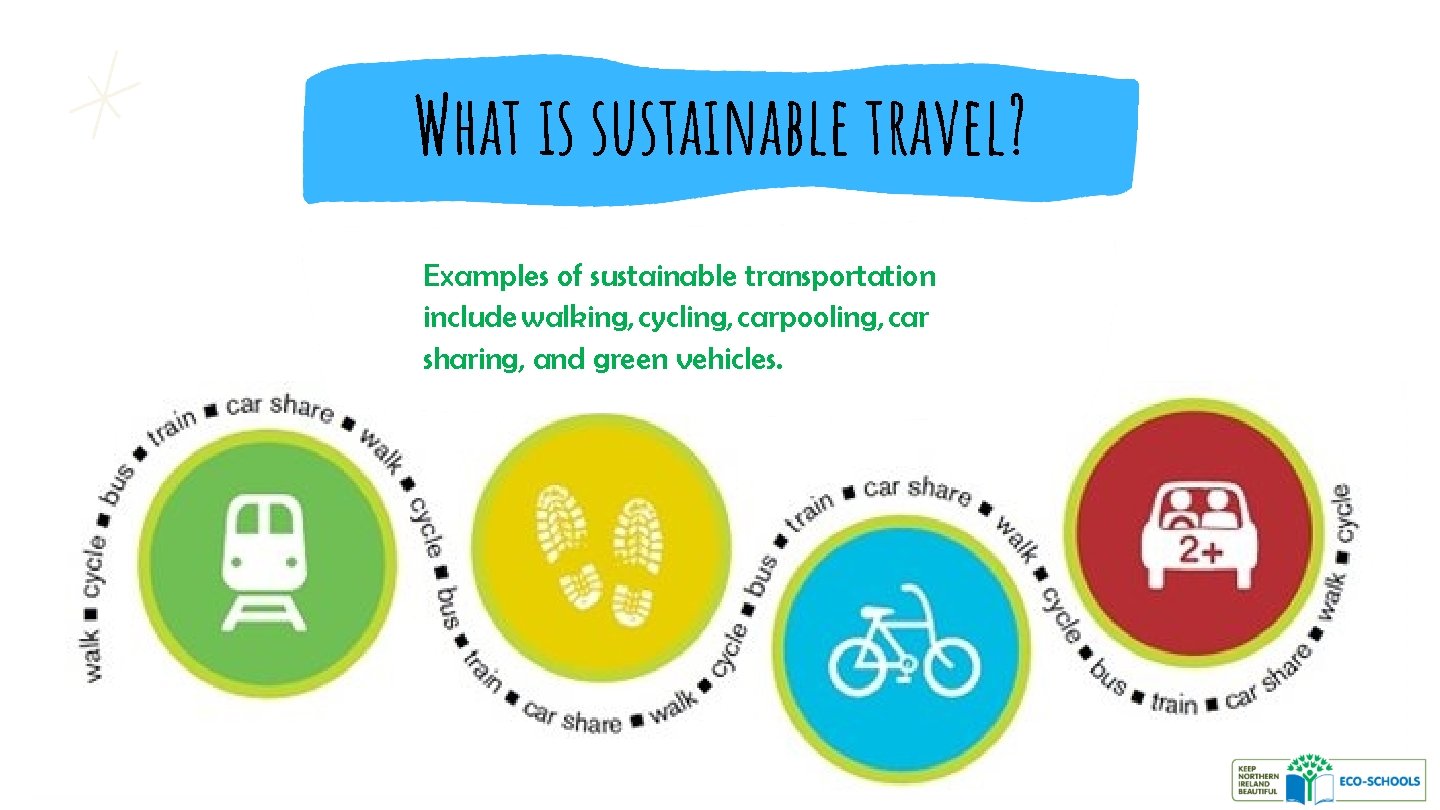 What is sustainable travel? Examples of sustainable transportation include walking, cycling, carpooling, car sharing,