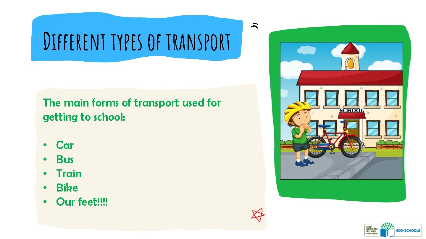 Different types of transport The main forms of transport used for getting to school: