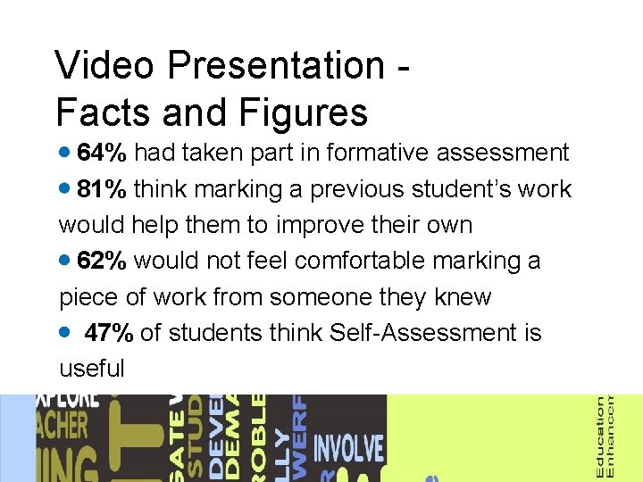 Video Presentation Facts and Figures 64% had taken part in formative assessment 81% think