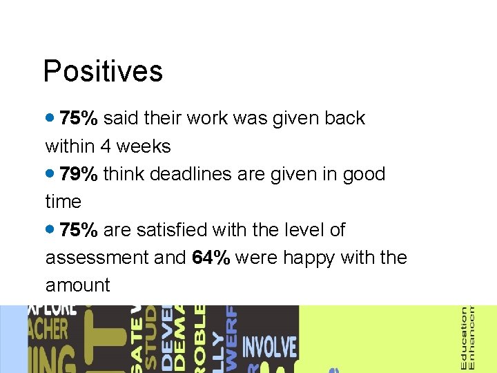 Positives 75% said their work was given back within 4 weeks 79% think deadlines