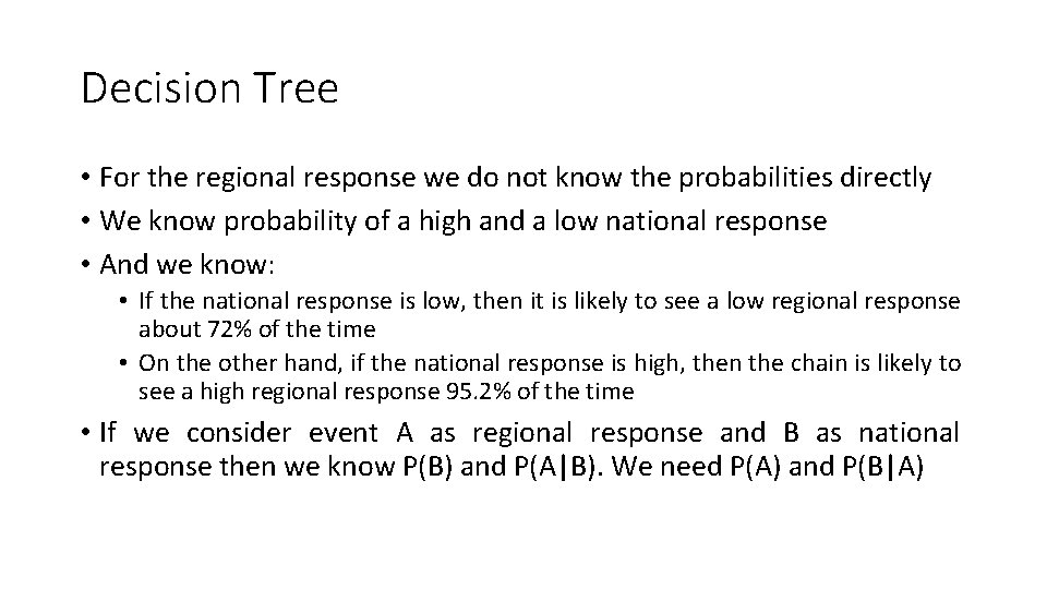 Decision Tree • For the regional response we do not know the probabilities directly