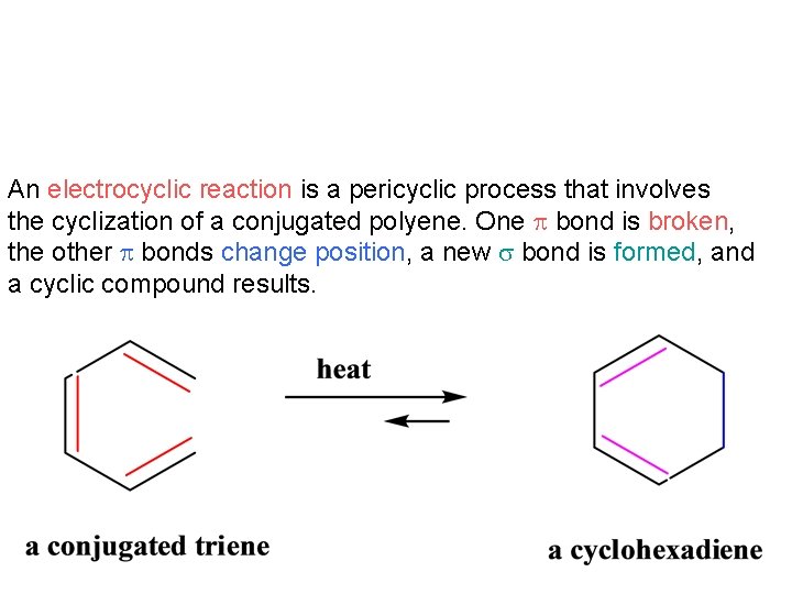An electrocyclic reaction is a pericyclic process that involves the cyclization of a conjugated An electrocyclic reaction is a pericyclic process that involves the cyclization of a conjugated