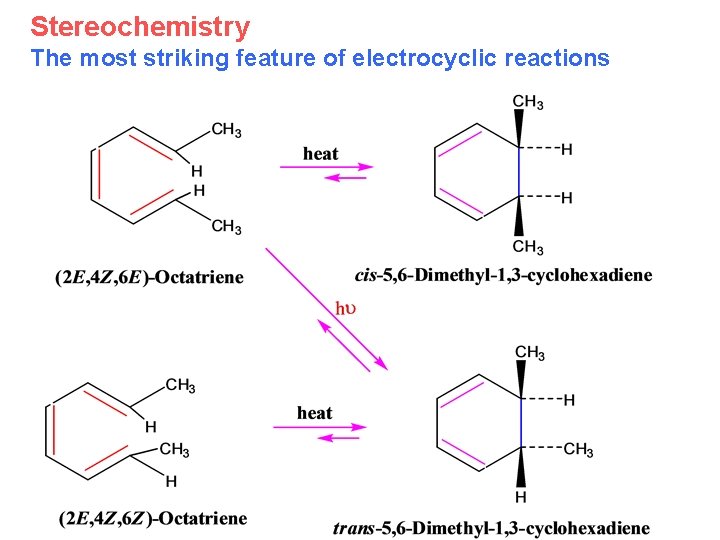 Stereochemistry The most striking feature of electrocyclic reactions Stereochemistry The most striking feature of electrocyclic reactions