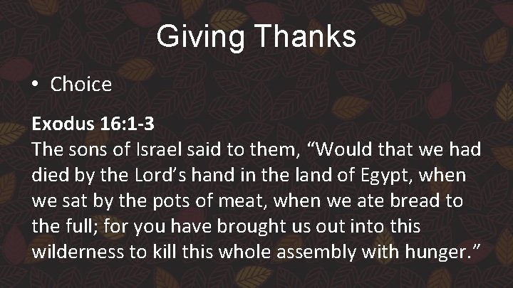Giving Thanks • Choice Exodus 16: 1 -3 The sons of Israel said to