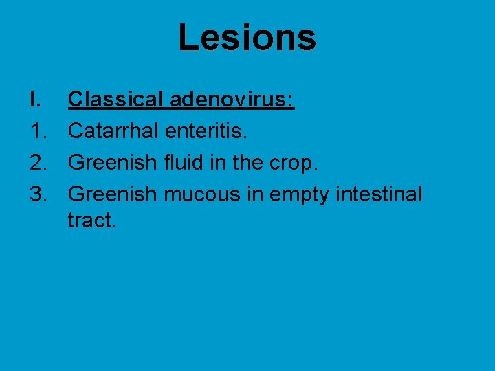 Lesions I. 1. 2. 3. Classical adenovirus: Catarrhal enteritis. Greenish fluid in the crop.