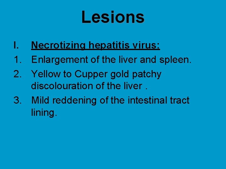 Lesions I. Necrotizing hepatitis virus: 1. Enlargement of the liver and spleen. 2. Yellow