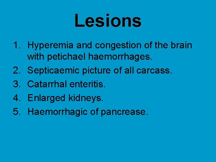 Lesions 1. Hyperemia and congestion of the brain with petichael haemorrhages. 2. Septicaemic picture