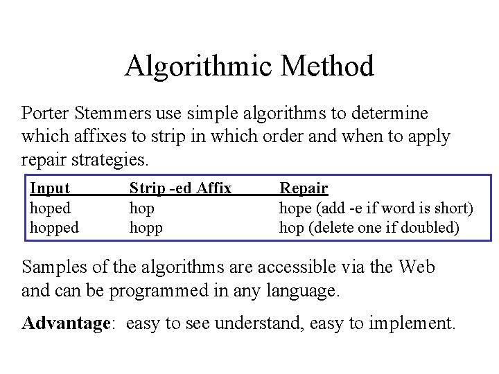Algorithmic Method Porter Stemmers use simple algorithms to determine which affixes to strip in