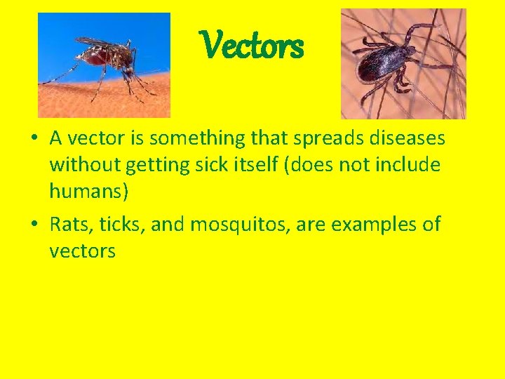 Vectors • A vector is something that spreads diseases without getting sick itself (does
